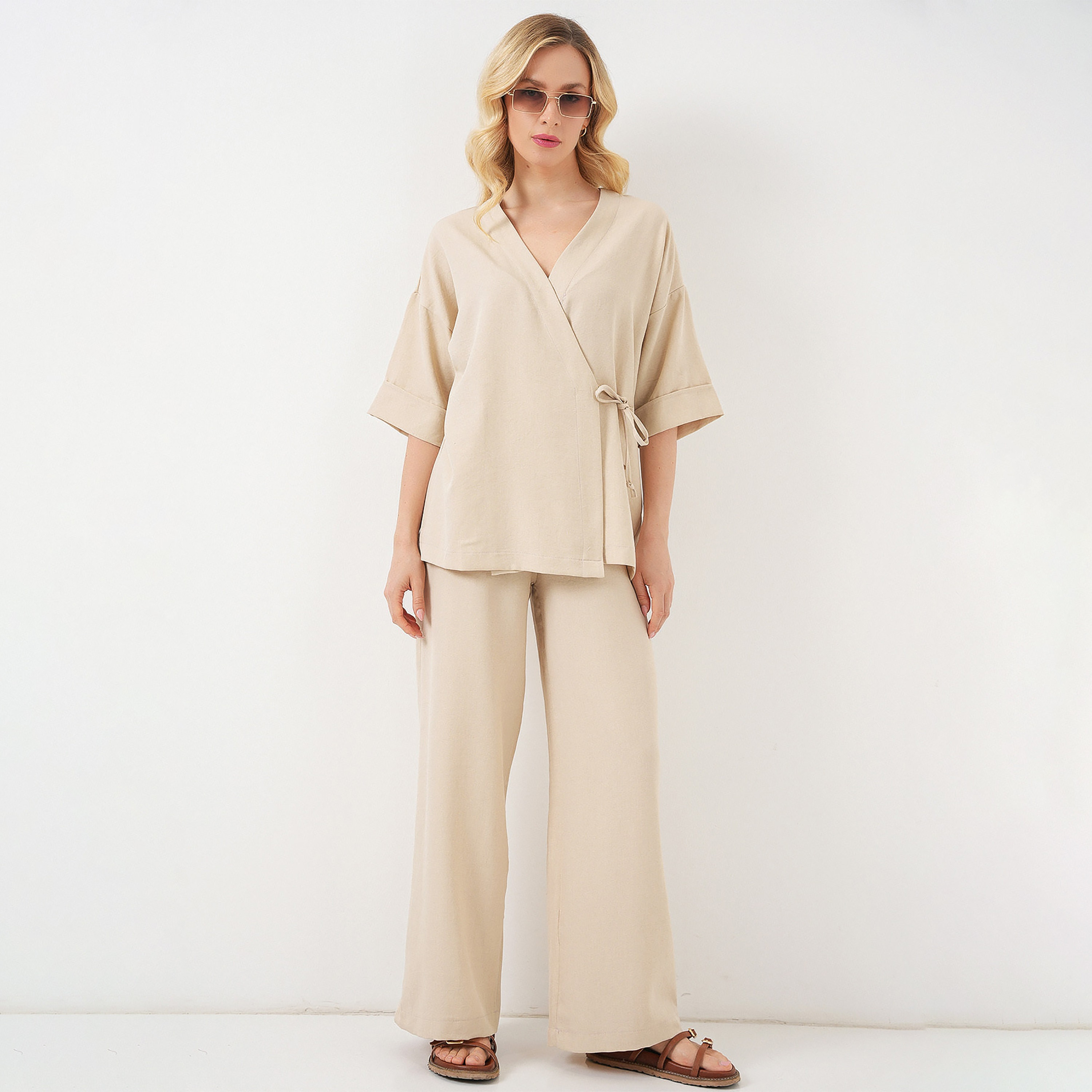 Bigdart Beige Drop Shoulder Sleeves Straight Leg Women's Top & Trousers Set-women-clothing-coordsets-image-4