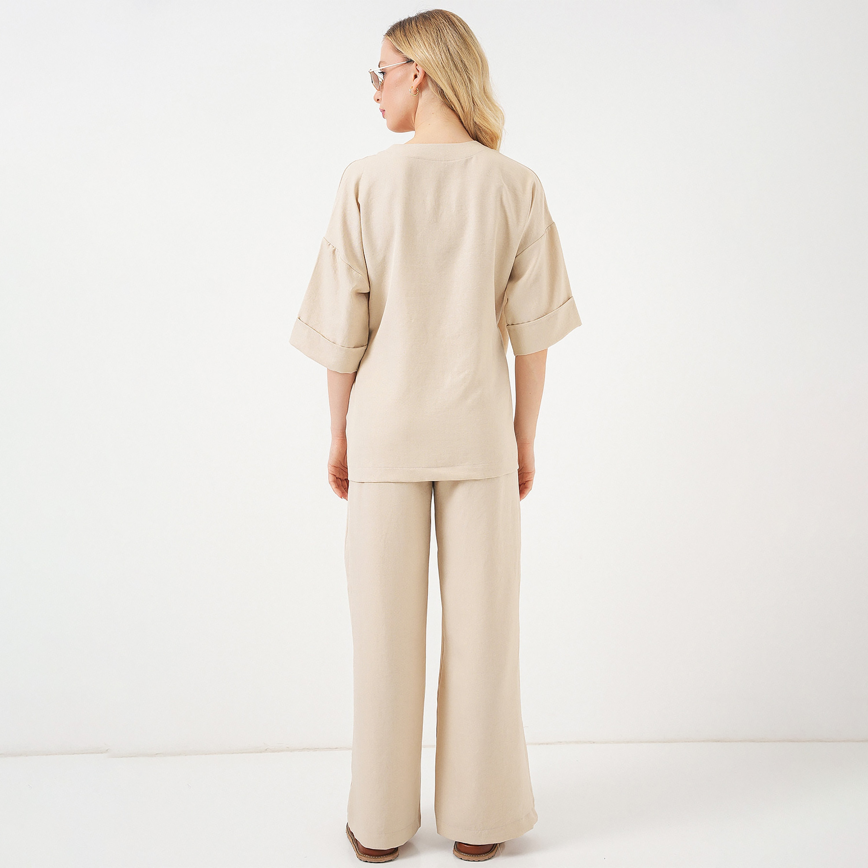 Bigdart Beige Drop Shoulder Sleeves Straight Leg Women's Top & Trousers Set-women-clothing-coordsets-image-5