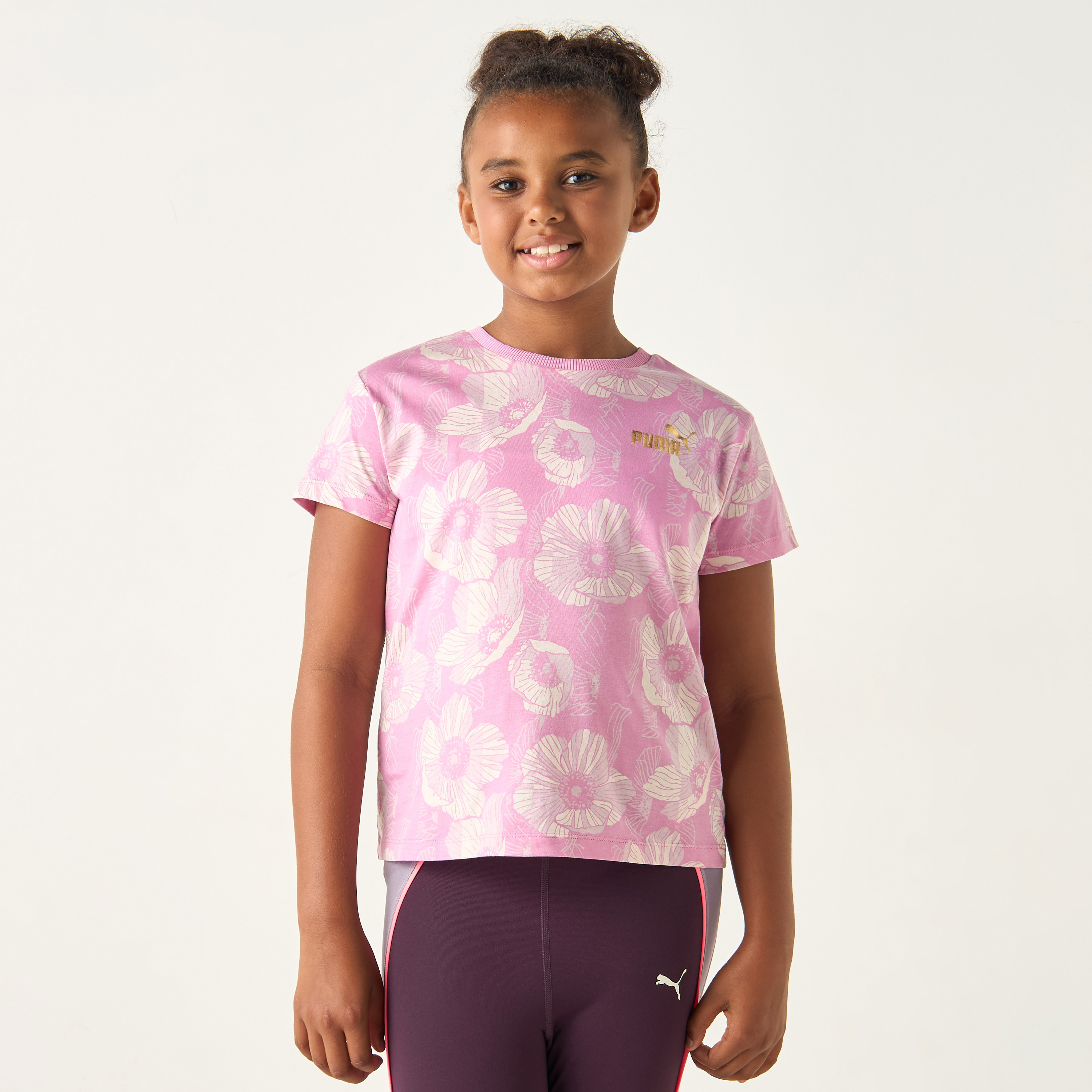 PUMA All-Over Floral Print T-shirt with Short Sleeves and Crew Neck-sports-girls-clothing-tops-image-1
