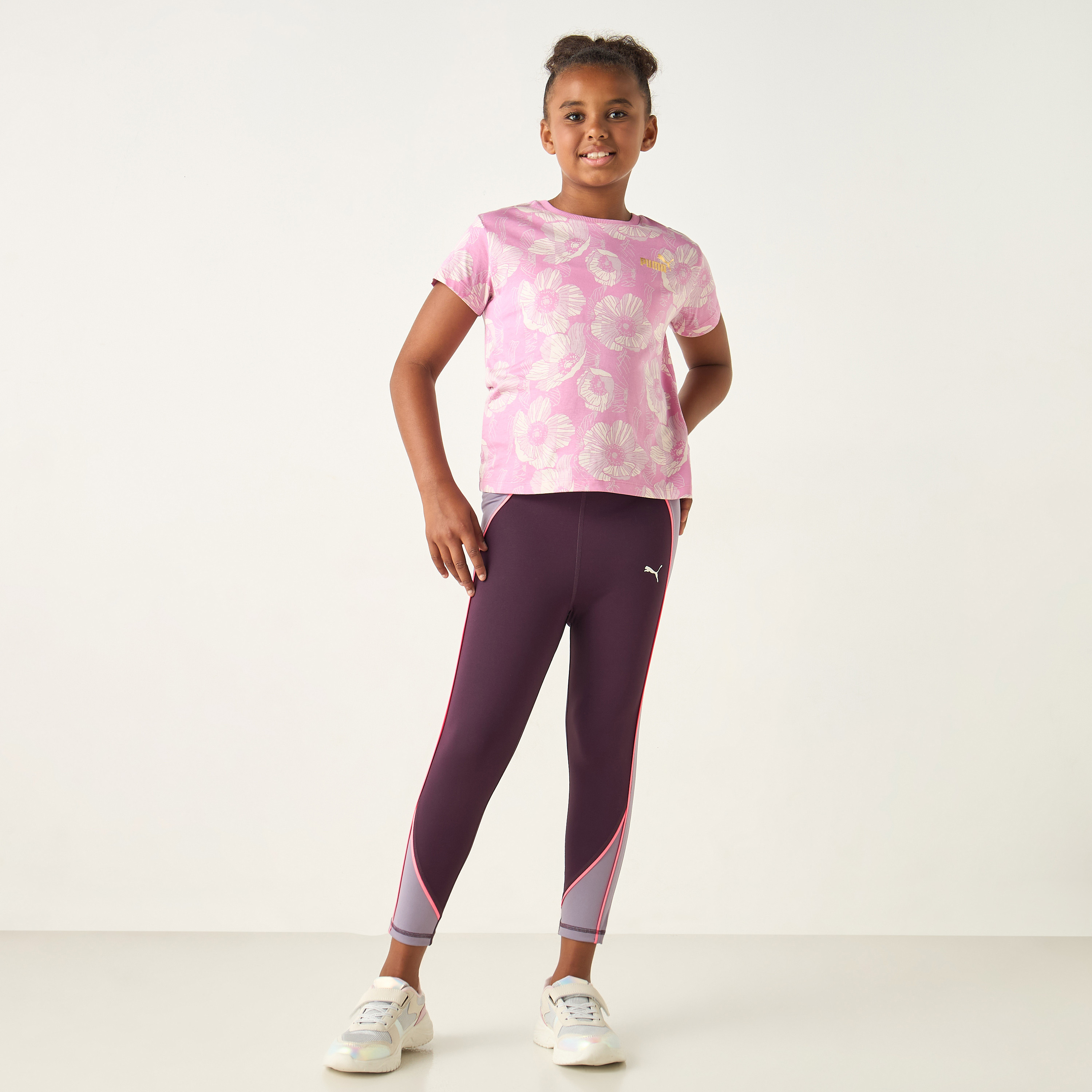 PUMA All-Over Floral Print T-shirt with Short Sleeves and Crew Neck-sports-girls-clothing-tops-image-2