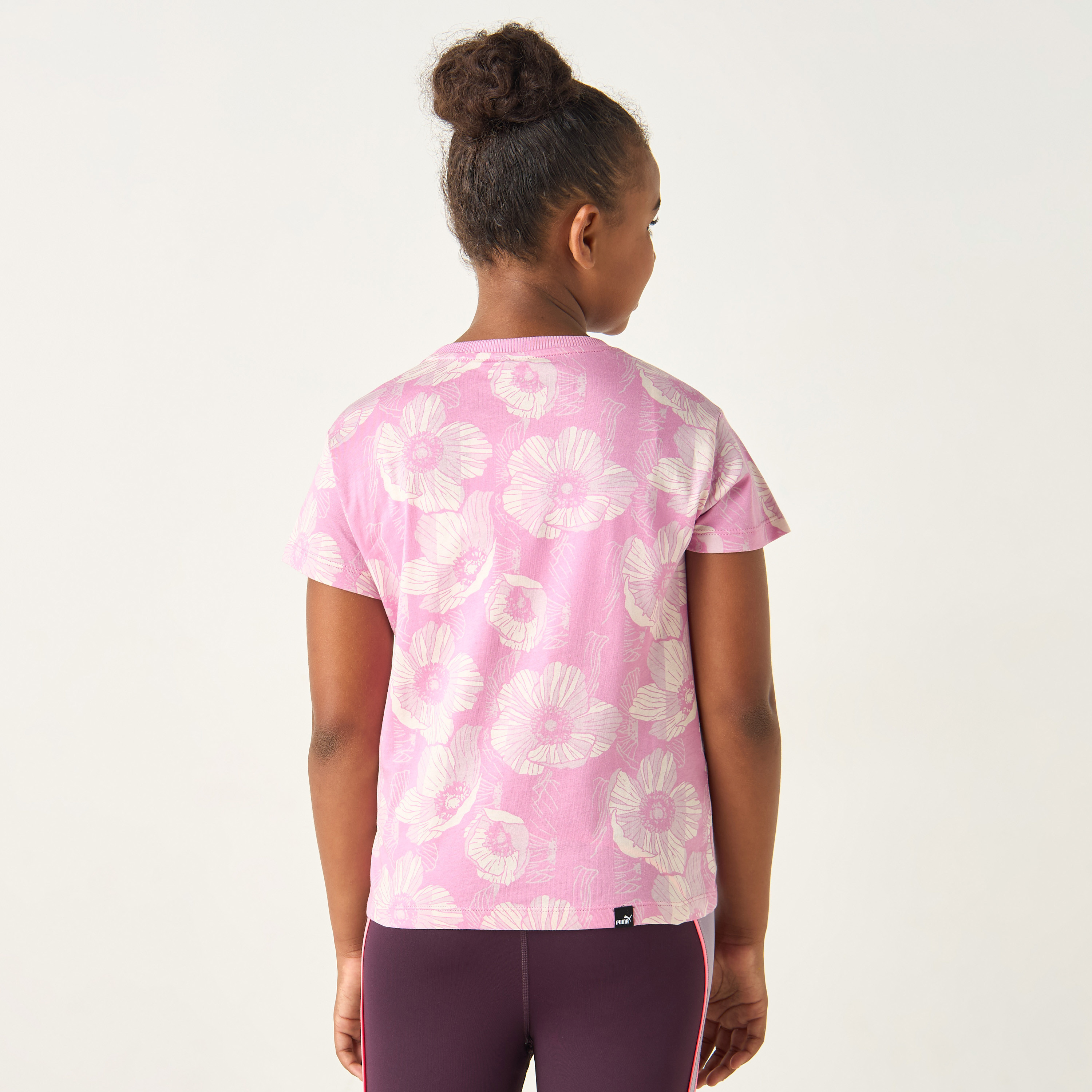 PUMA All-Over Floral Print T-shirt with Short Sleeves and Crew Neck-sports-girls-clothing-tops-image-3