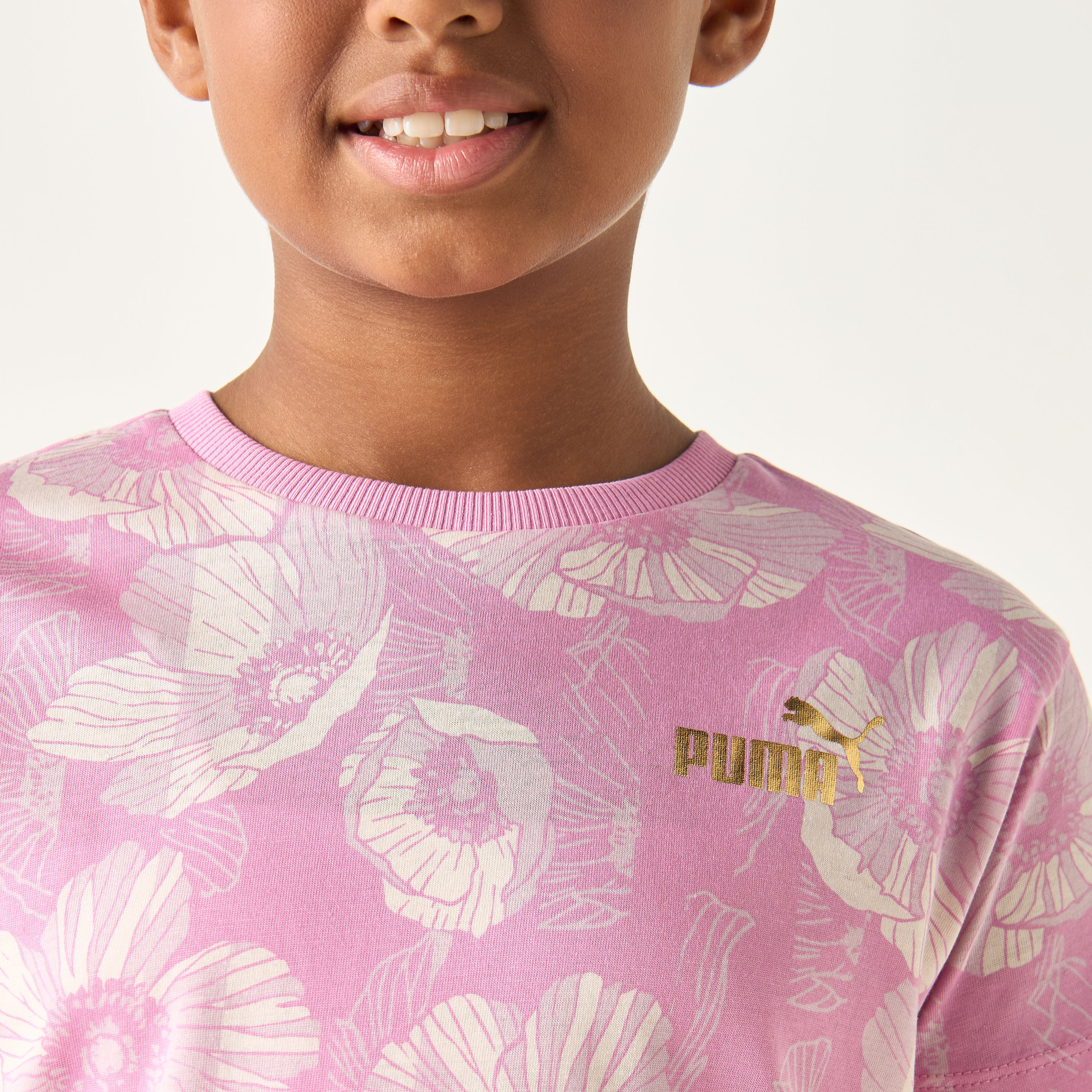 PUMA All-Over Floral Print T-shirt with Short Sleeves and Crew Neck-sports-girls-clothing-tops-image-4