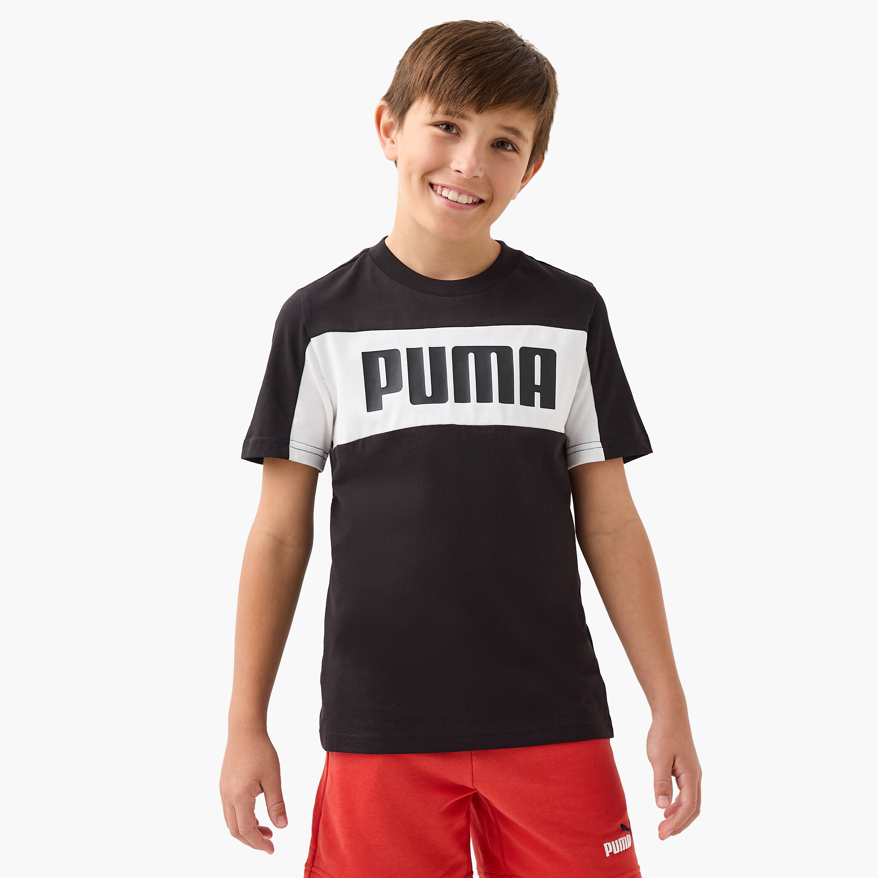 PUMA Logo Print Crew Neck T-shirt with Short Sleeves-boys-clothing-sportswear-tops-image-1
