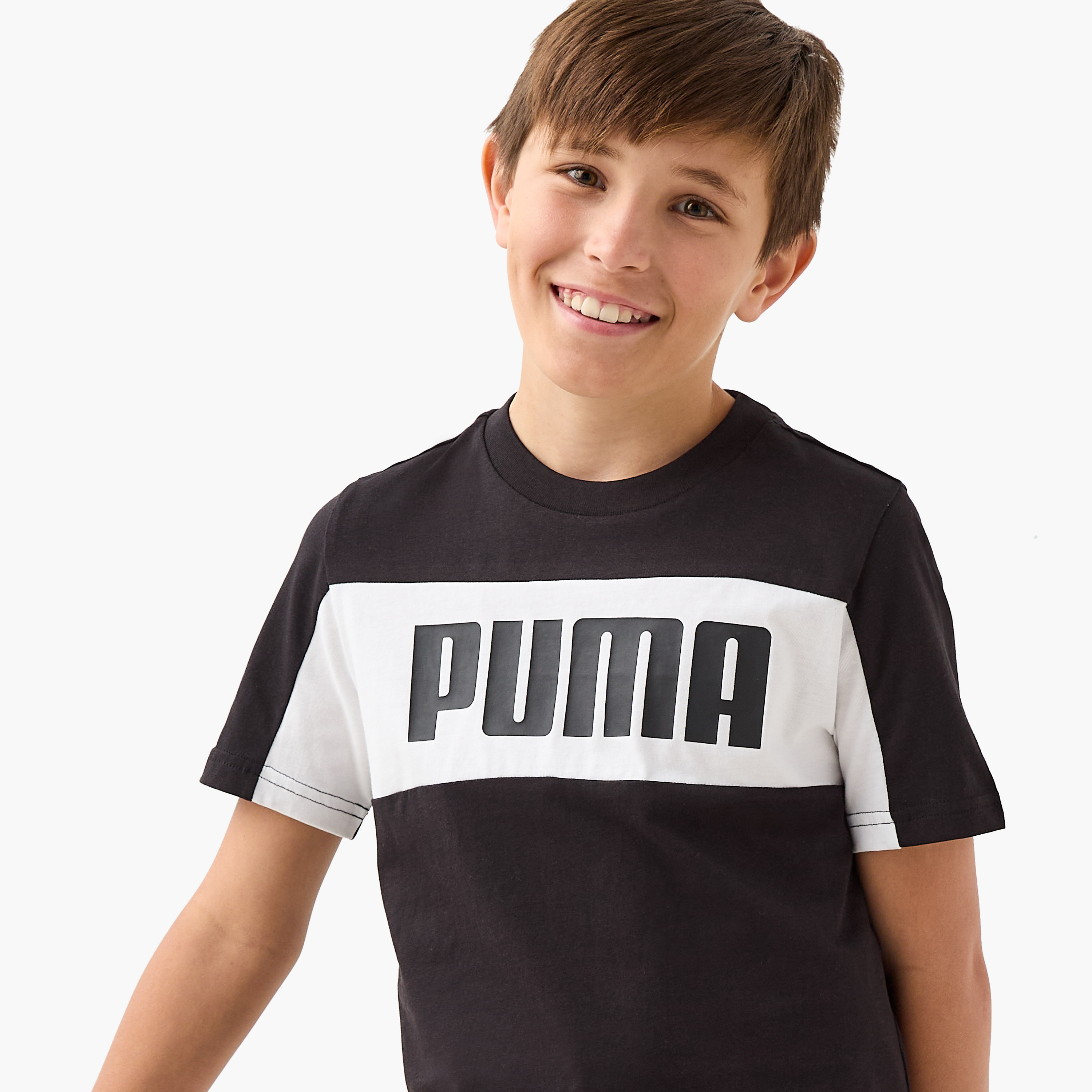 PUMA Logo Print Crew Neck T-shirt with Short Sleeves-boys-clothing-sportswear-tops-image-4