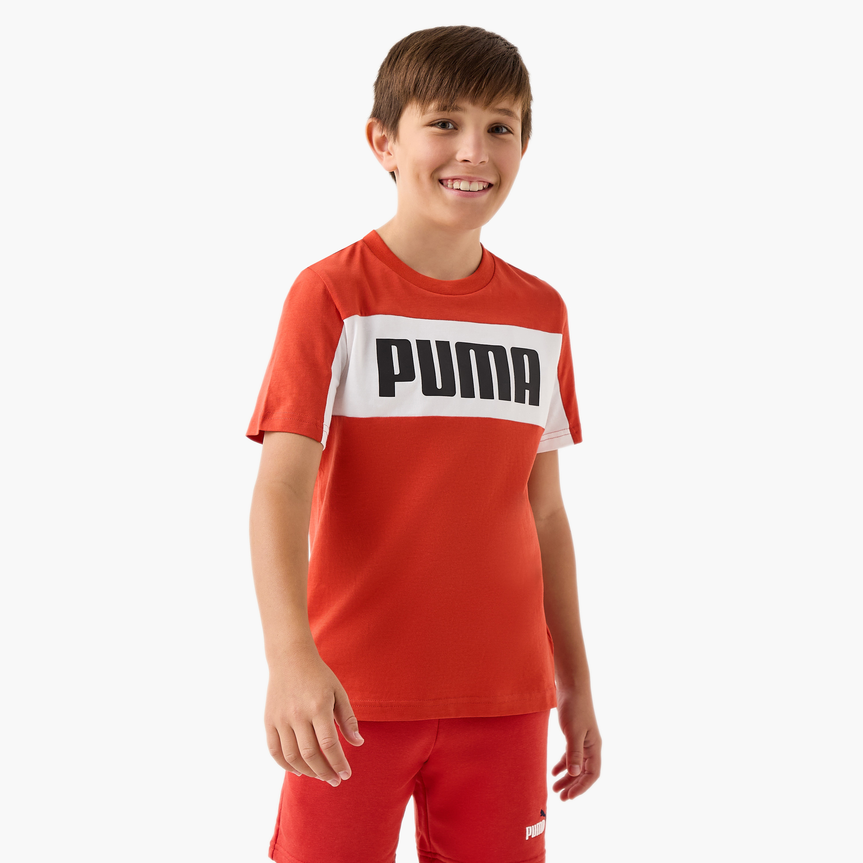 PUMA Logo Print Crew Neck T-shirt with Short Sleeves-boys-clothing-sportswear-tops-image-1