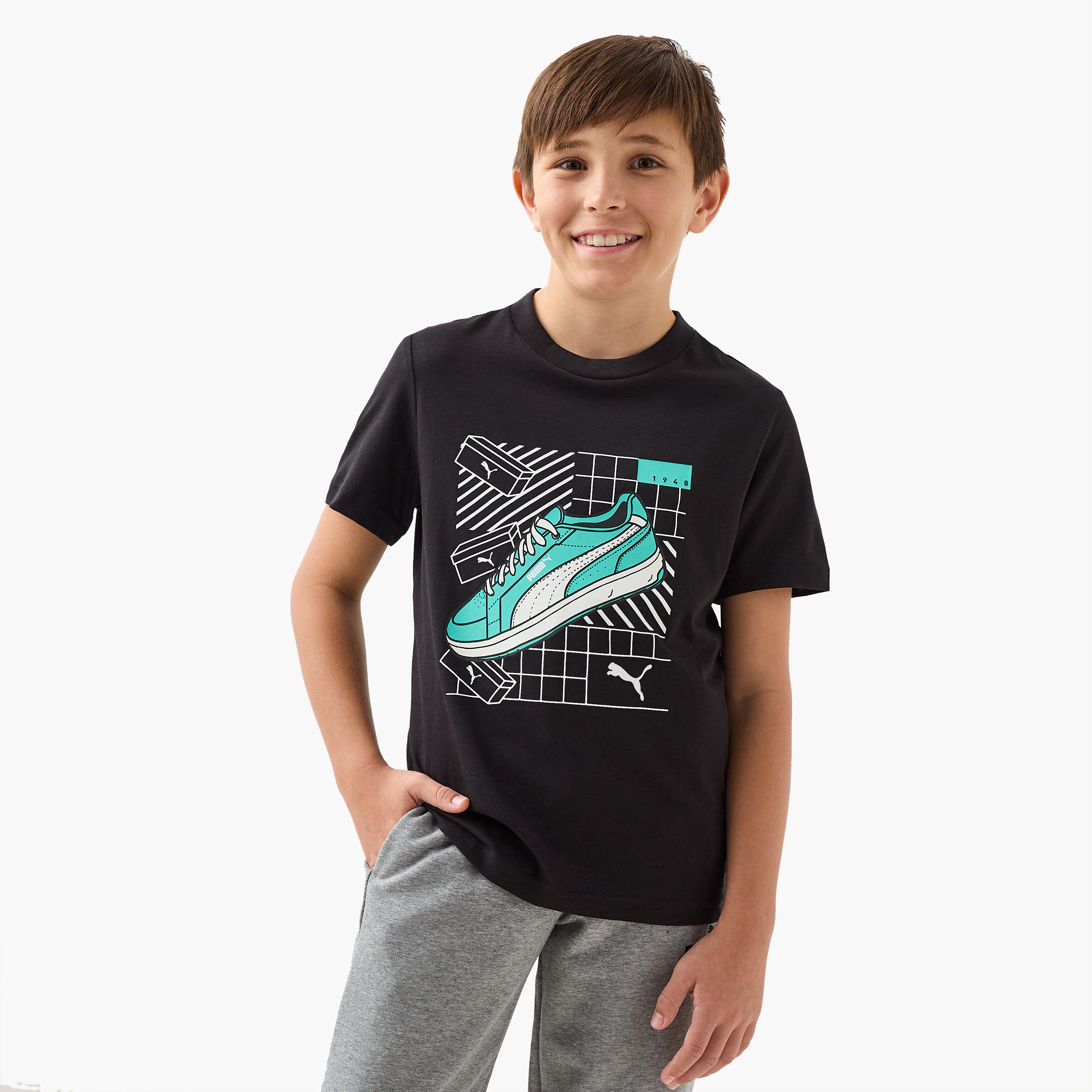 PUMA Graphic Print Crew Neck T-shirt with Short Sleeves-boys-clothing-sportswear-tops-image-1
