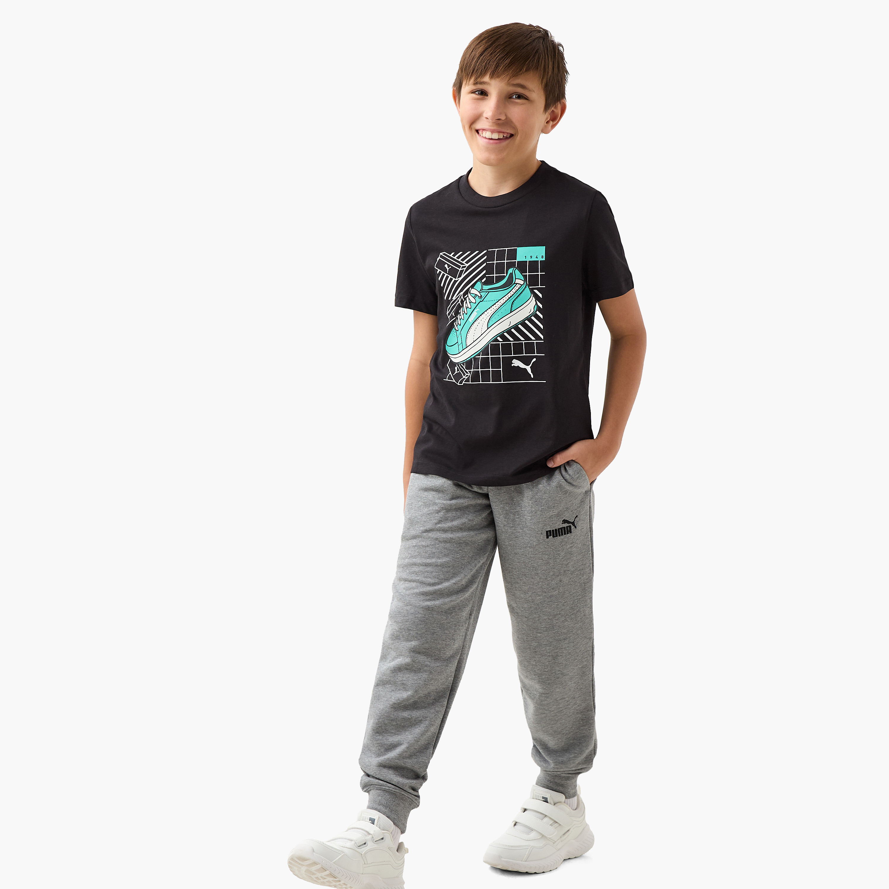 PUMA Graphic Print Crew Neck T-shirt with Short Sleeves-boys-clothing-sportswear-tops-image-2