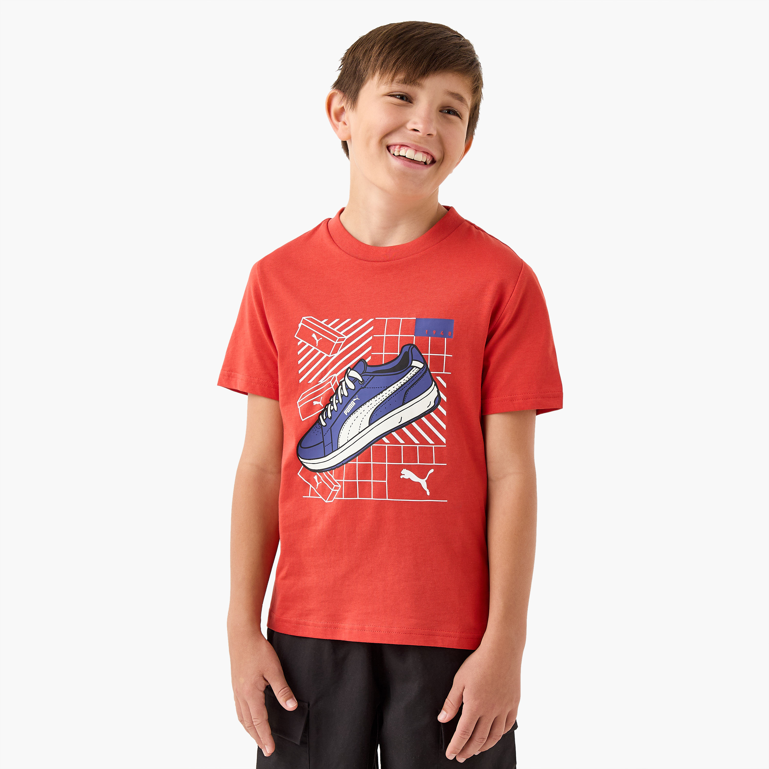 PUMA Graphic Print Crew Neck T-shirt with Short Sleeves-boys-clothing-sportswear-tops-image-1