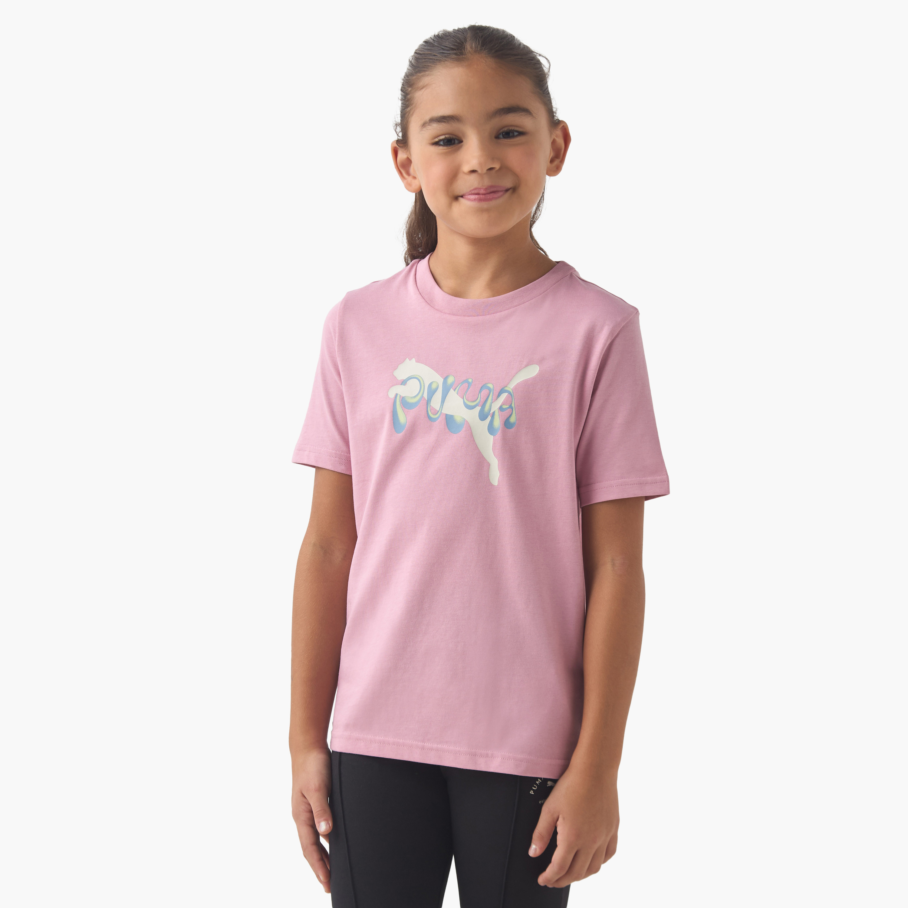 PUMA Girls Crew Neck T-shirt with Logo Print - Cotton - Short Sleeves-sports-girls-clothing-tops-image-1