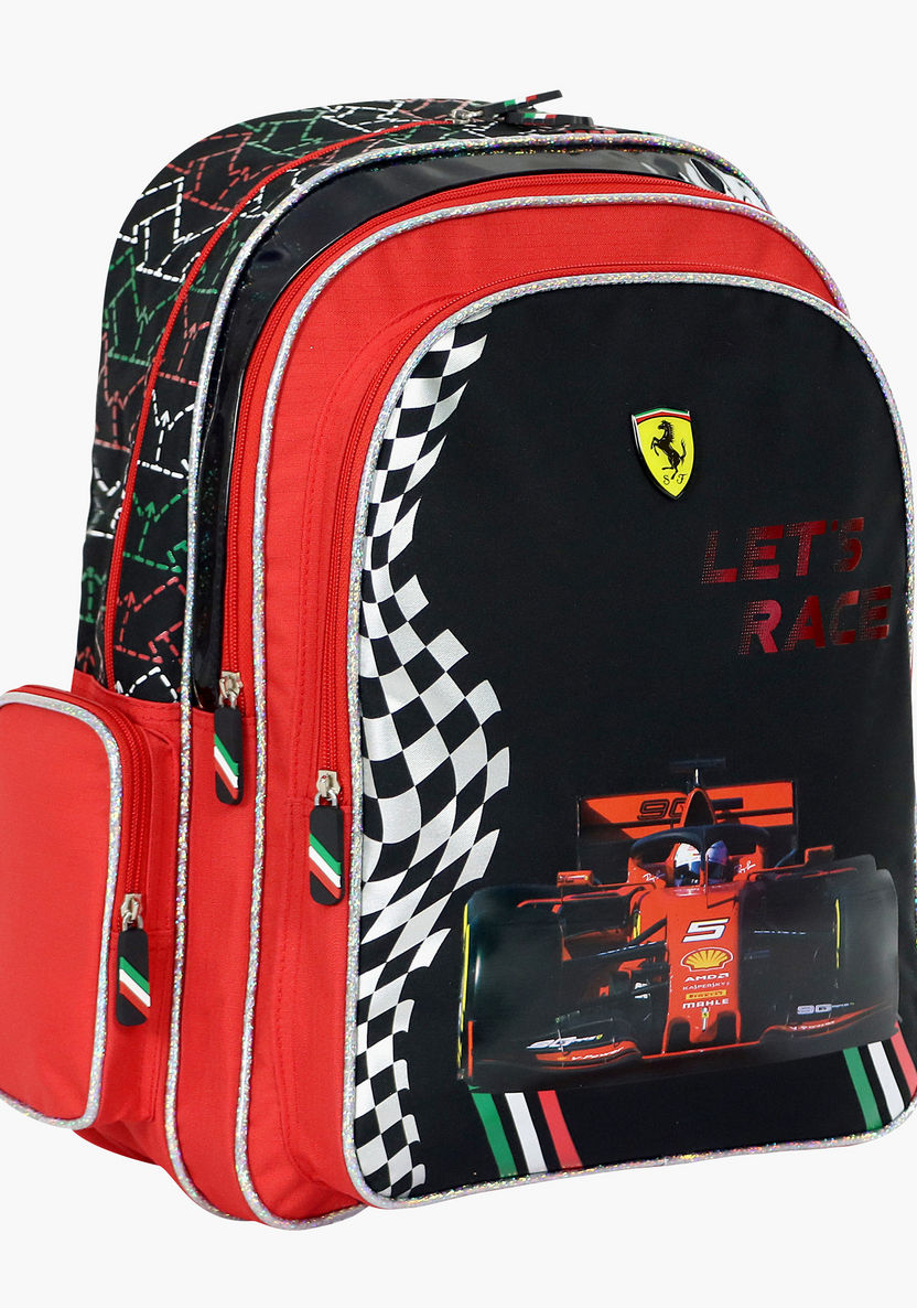 Ferrari Print Backpack with Adjustable Straps and Zip Closure-Backpacks-image-1