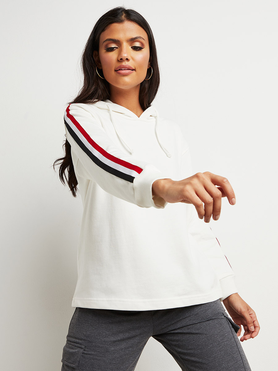 Styli Striped Taping Sleeves Detail Hoodie with Drawcord-women-clothing-hoodiesandsweatshirts-hoodies-image-1