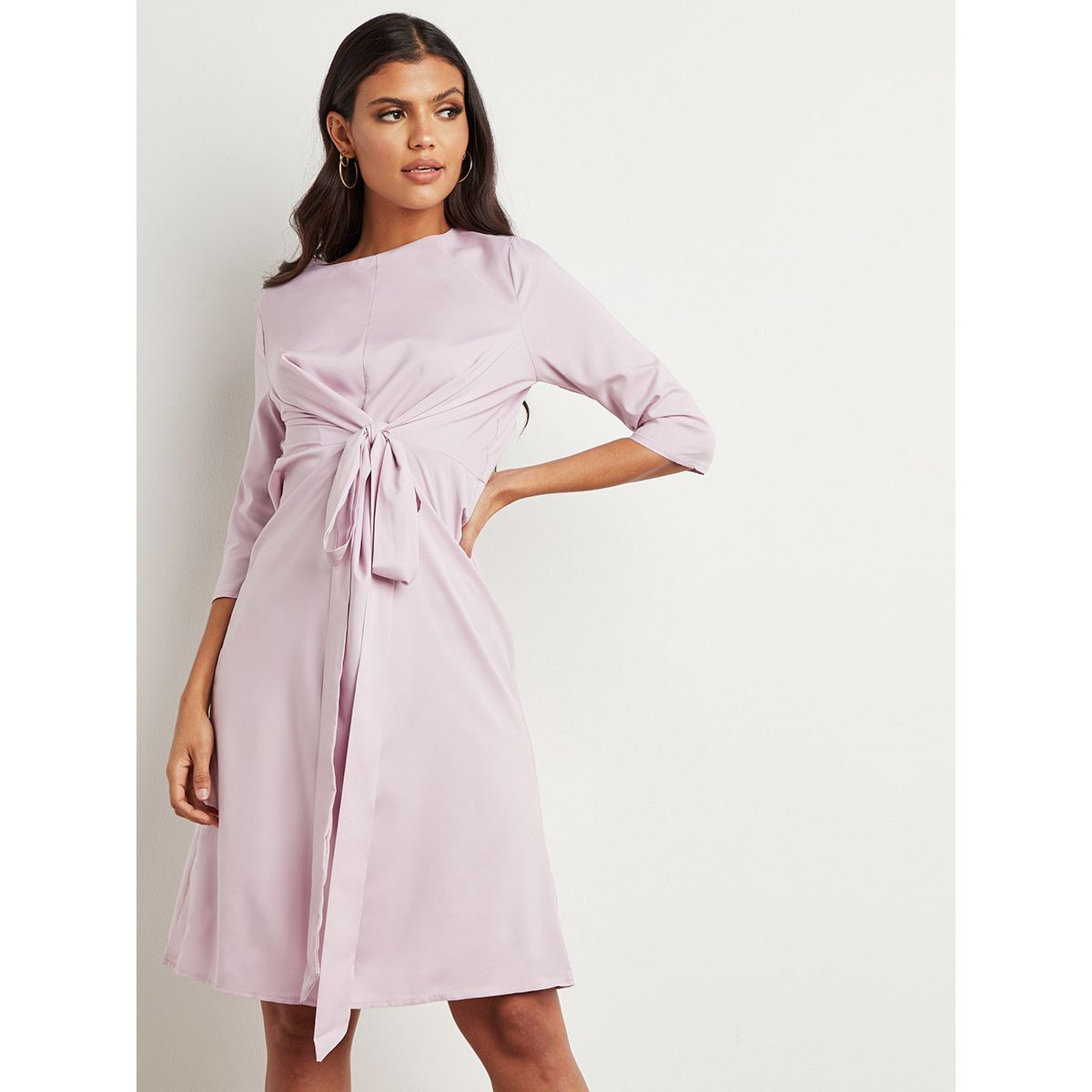 Styli Self Tie Knot Detail 3/4 Sleeves Midi Dress-women-clothing-dresses-image-1