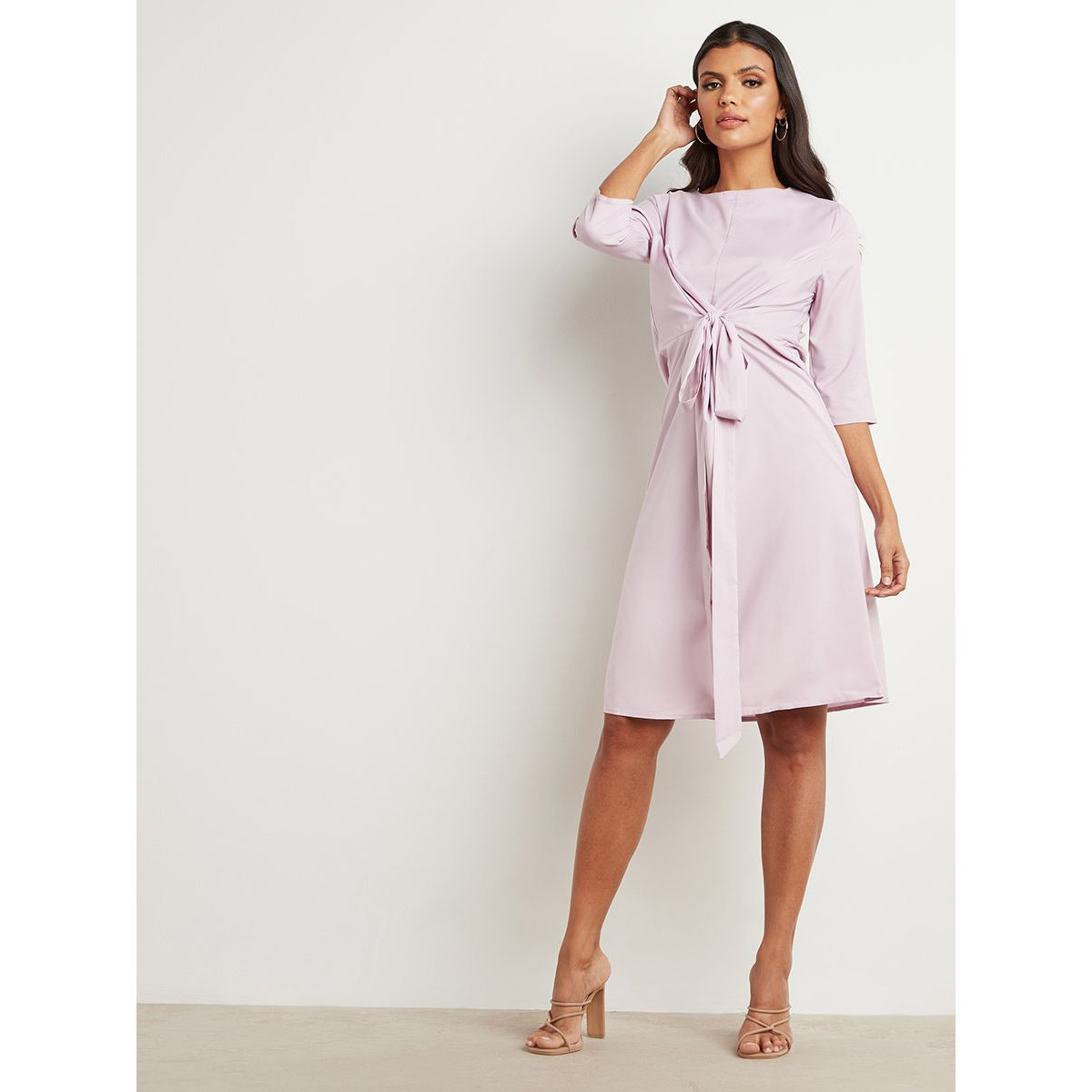 Styli Self Tie Knot Detail 3/4 Sleeves Midi Dress-women-clothing-dresses-image-3