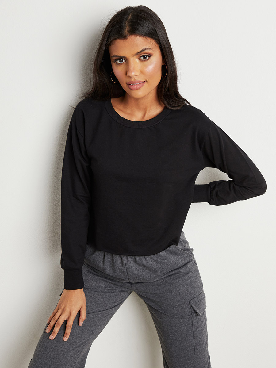 Basic Cropped Sweatshirt with Long Sleeves-women-clothing-hoodiesandsweatshirts-sweatshirts-image-1