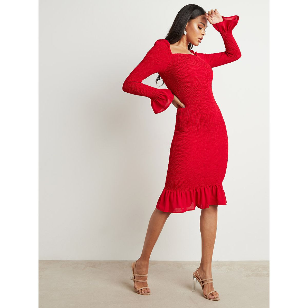 Styli Square Neck Shirred Bodycon Midi Dess-women-clothing-dresses-image-1