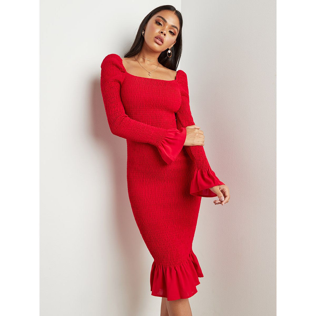 فستان ميدي بقصة ضيقة وتفاصيل كشكش من ستايلي-women-clothing-dresses-image-2