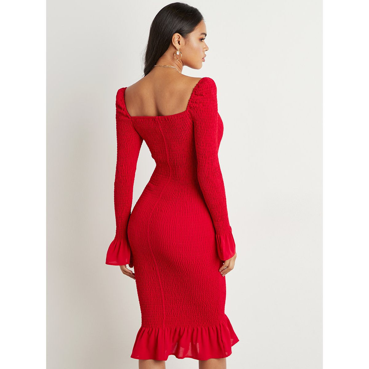 فستان ميدي بقصة ضيقة وتفاصيل كشكش من ستايلي-women-clothing-dresses-image-4
