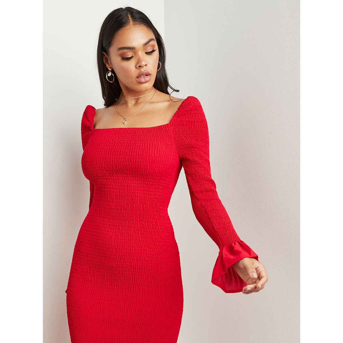 Styli Square Neck Shirred Bodycon Midi Dess-women-clothing-dresses-image-5