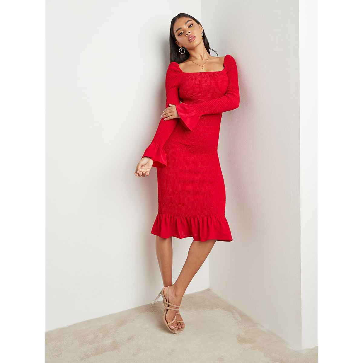 Styli Square Neck Shirred Bodycon Midi Dess-women-clothing-dresses-image-6