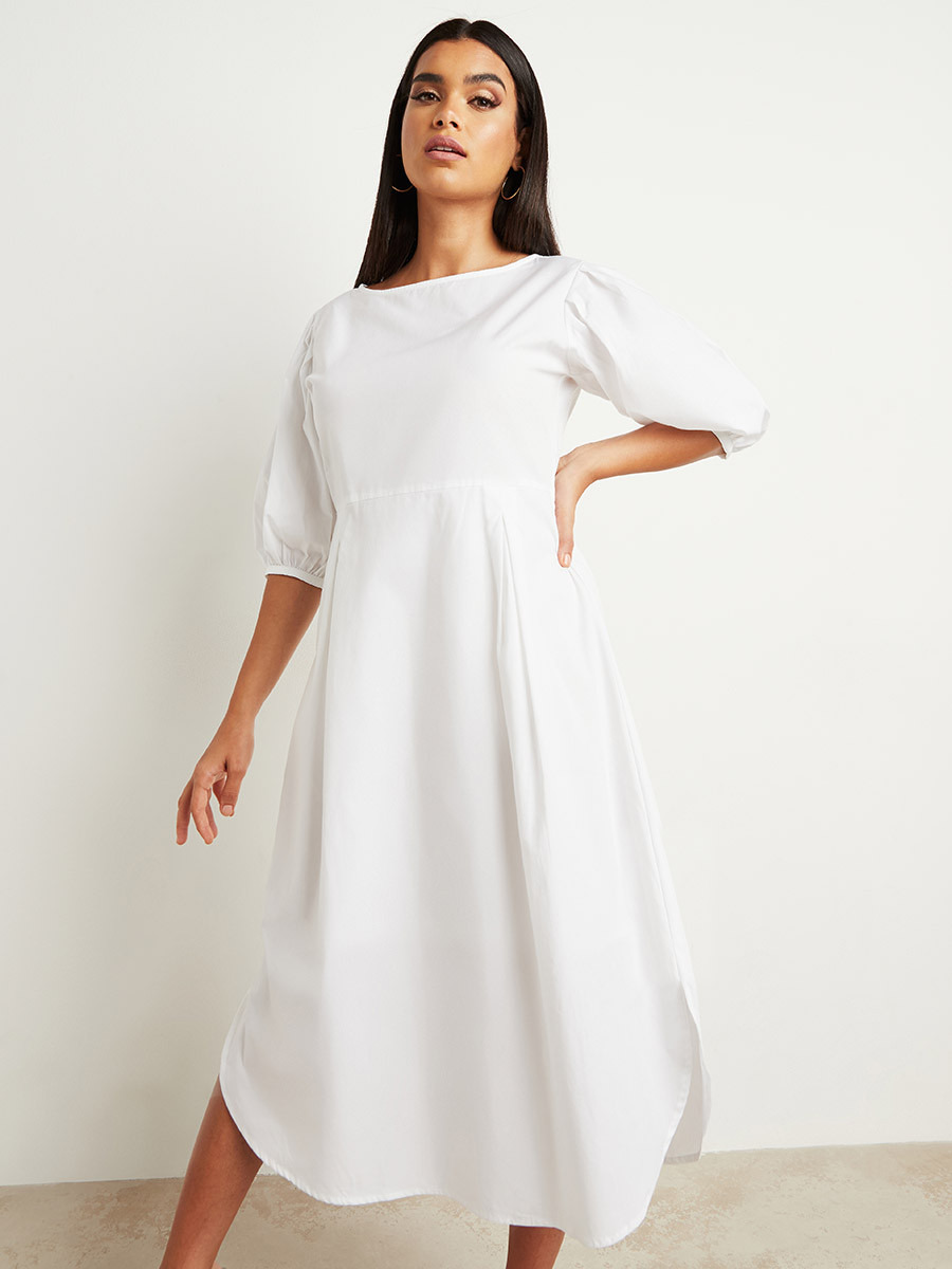 Styli Solid Boat Neck Volume Half Sleeves Midi Dress-women-clothing-dresses-image-1