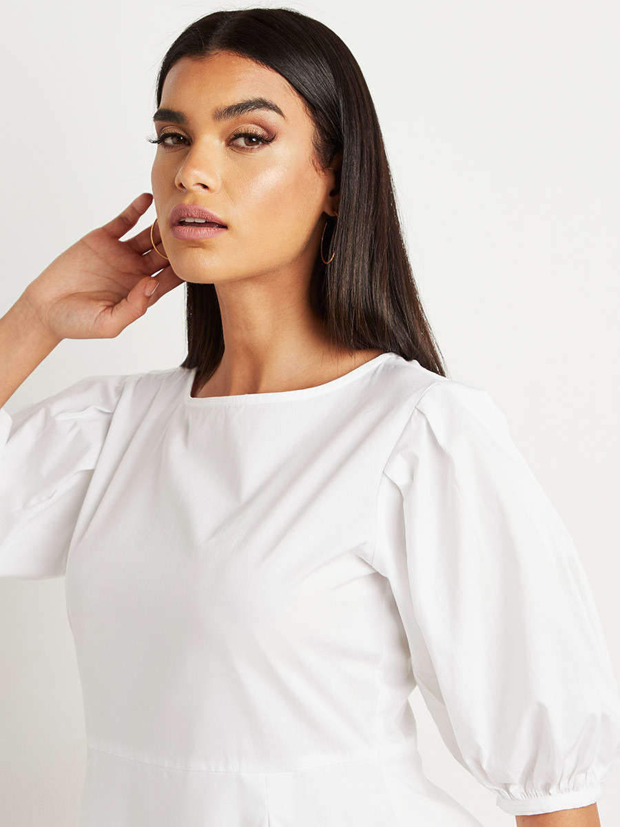 Styli Solid Boat Neck Volume Half Sleeves Midi Dress-women-clothing-dresses-image-2