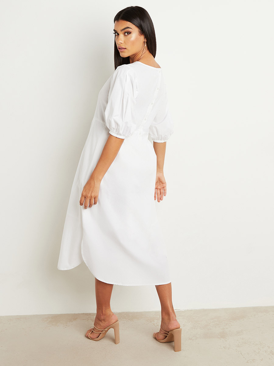 Styli Solid Boat Neck Volume Half Sleeves Midi Dress-women-clothing-dresses-image-3