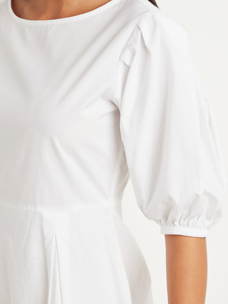 Styli Solid Boat Neck Volume Half Sleeves Midi Dress-women-clothing-dresses-image-4