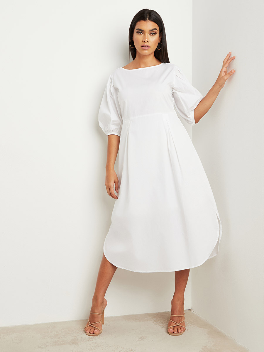 Styli Solid Boat Neck Volume Half Sleeves Midi Dress-women-clothing-dresses-image-5