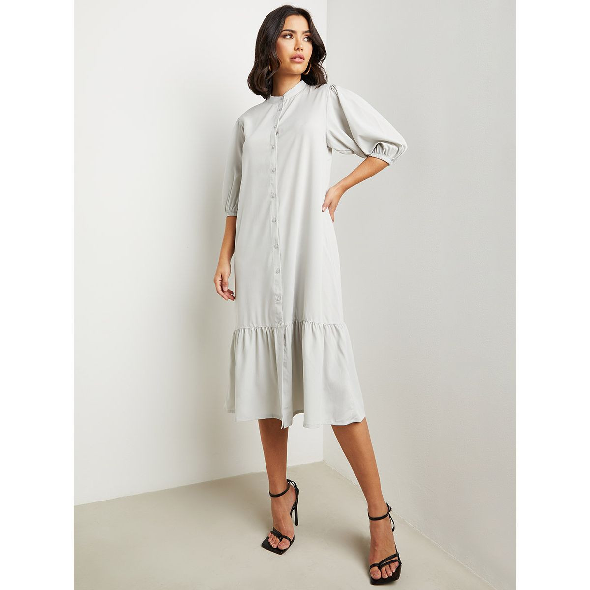 Styli Button Through 3/4 Sleeves Casual Midi Dress-women-clothing-dresses-image-1