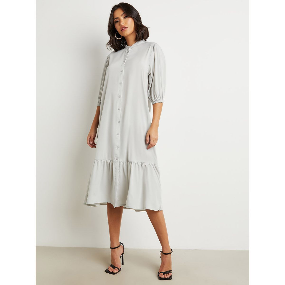 Styli Button Through 3/4 Sleeves Casual Midi Dress-women-clothing-dresses-image-4