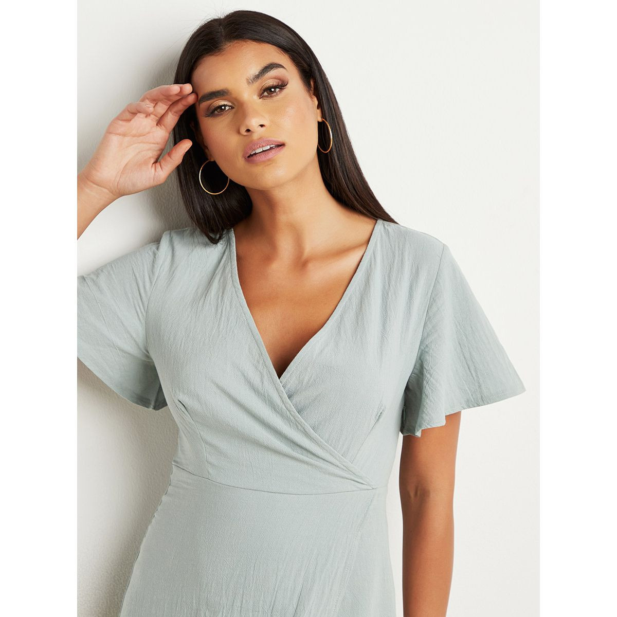 Styli Plain Wrap V Neck Midi Dress with Split Hem-women-clothing-dresses-image-2