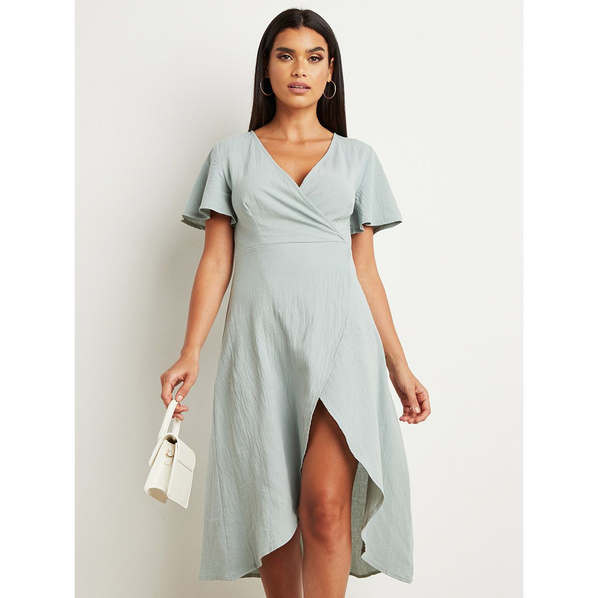 Styli Plain Wrap V Neck Midi Dress with Split Hem-women-clothing-dresses-image-5