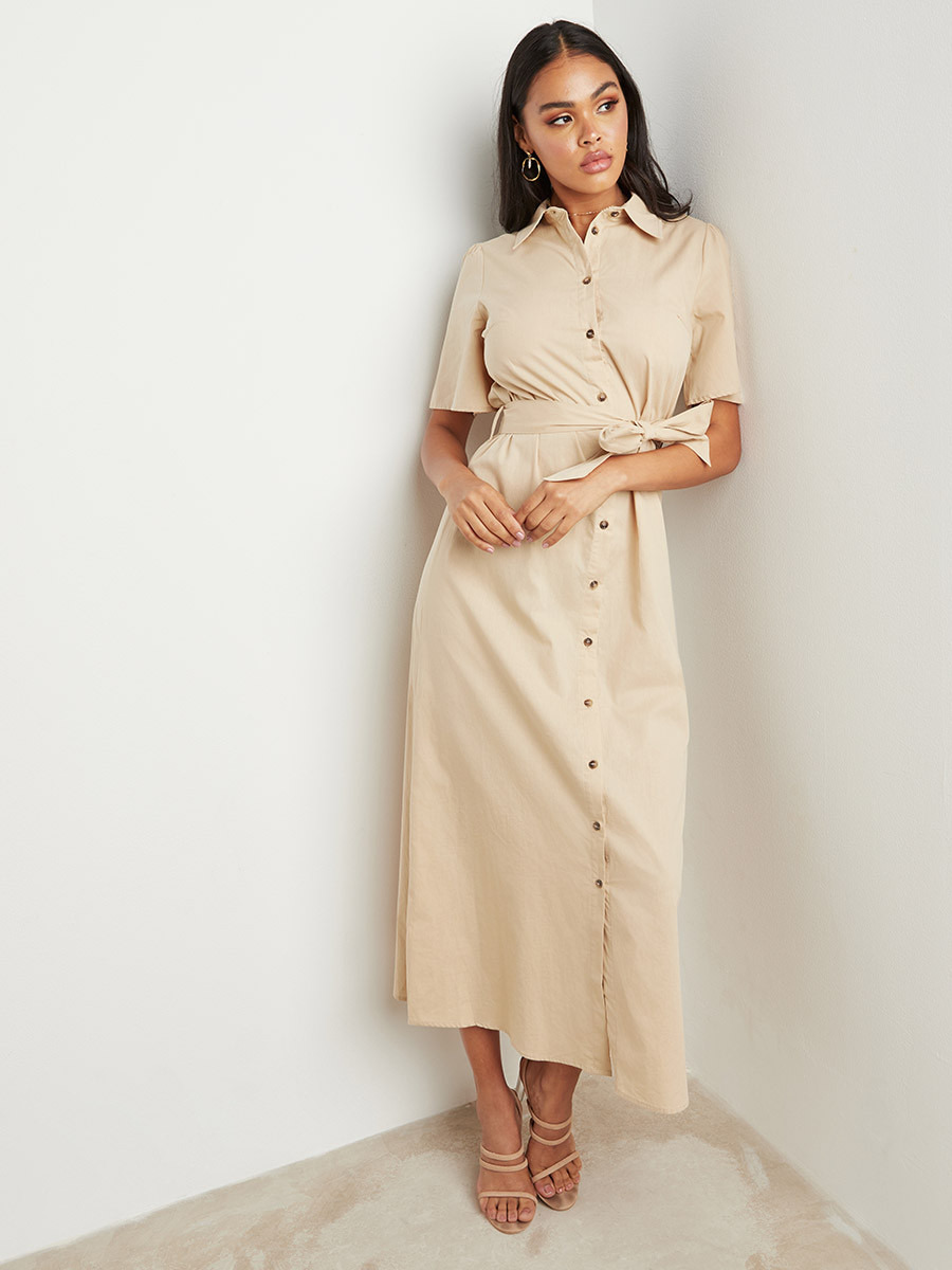 فستان طويل بحزام بتصميم قميص من ستايلي-women-clothing-dresses-image-1