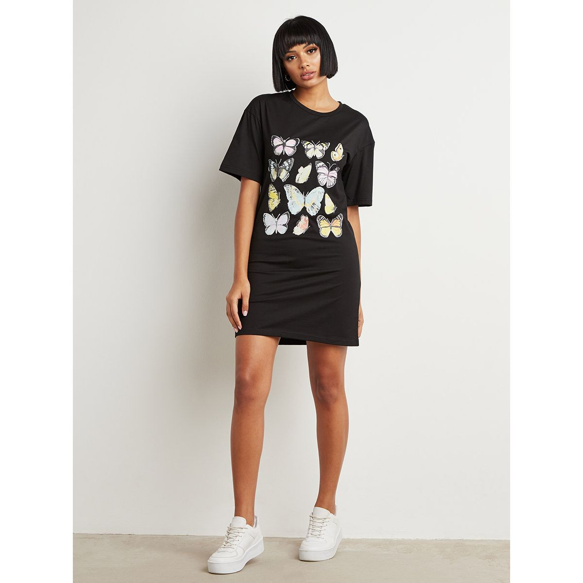 Styli Butterfly Graphic Printed T-shirt Mini Dress with Short Sleeves-women-clothing-dresses-image-2