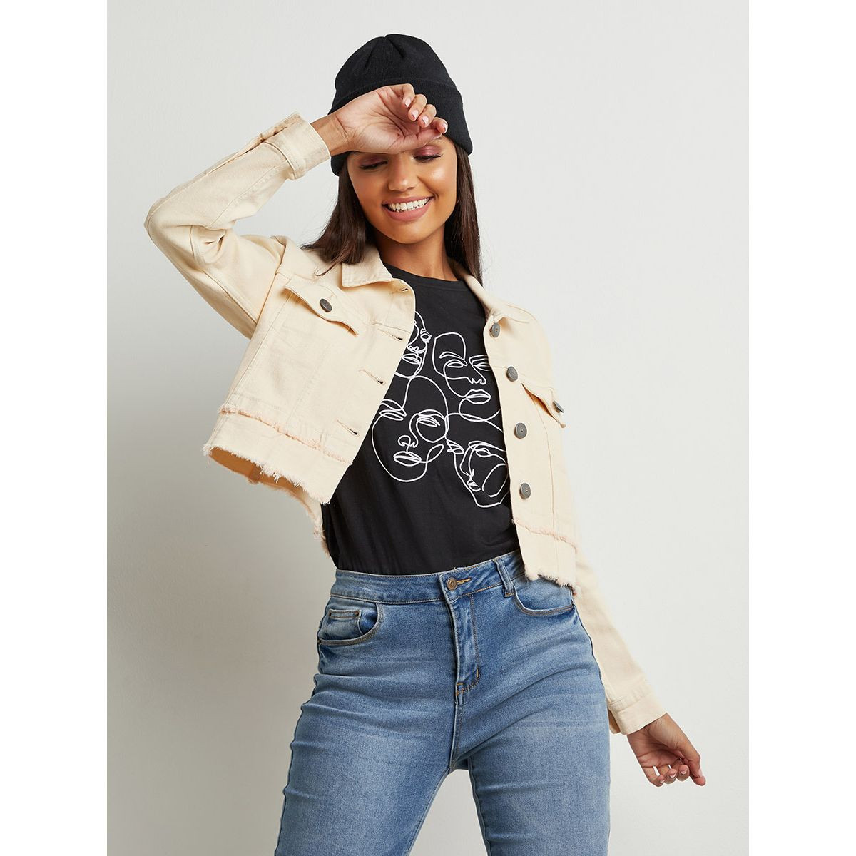 Styli Cropped Button Down Denim Jacket with Frayed Edge-women-winterwear-coatsandjackets-jackets-image-1
