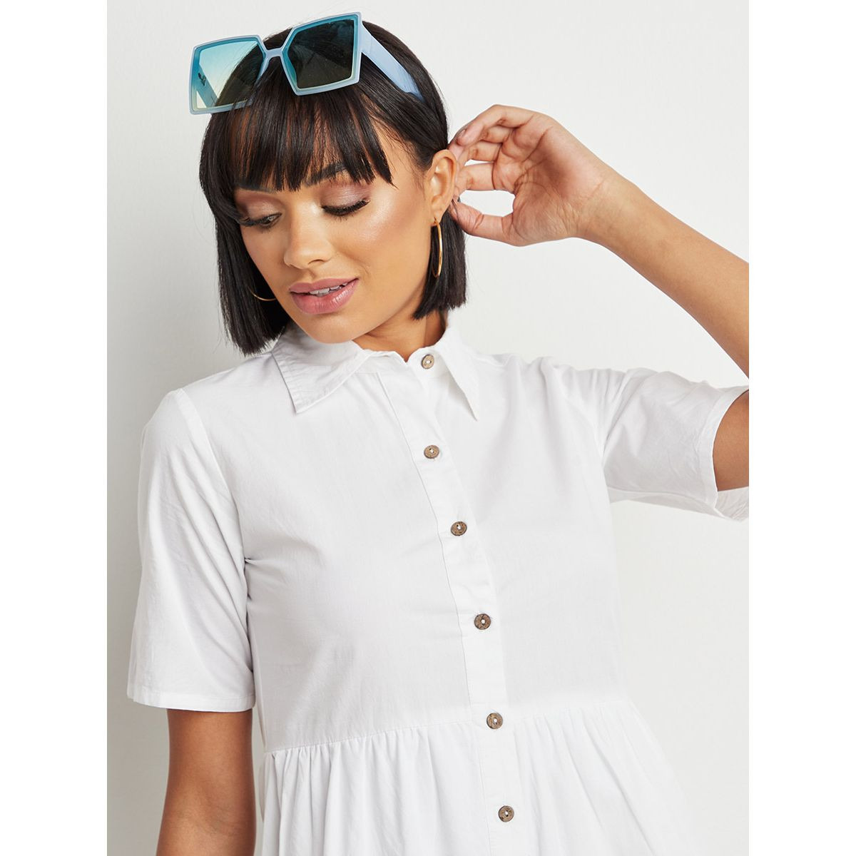Styli Button Through Collared Midi Dress with Short Sleeves-women-clothing-dresses-image-2