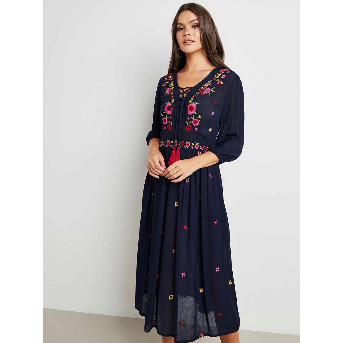 Styli Embroidered Detail V Neck A-Line Midi Dress with 3/4 Sleeves-women-clothing-dresses-image-1