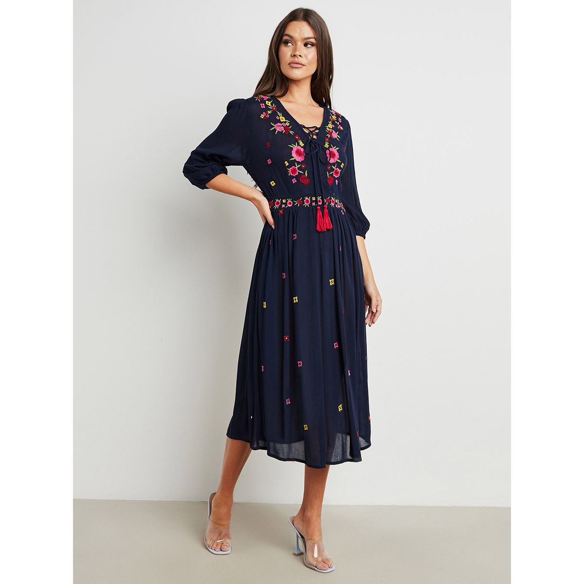 Styli Embroidered Detail V Neck A-Line Midi Dress with 3/4 Sleeves-women-clothing-dresses-image-2