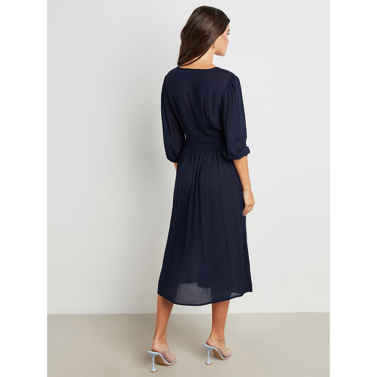 Styli Embroidered Detail V Neck A-Line Midi Dress with 3/4 Sleeves-women-clothing-dresses-image-5