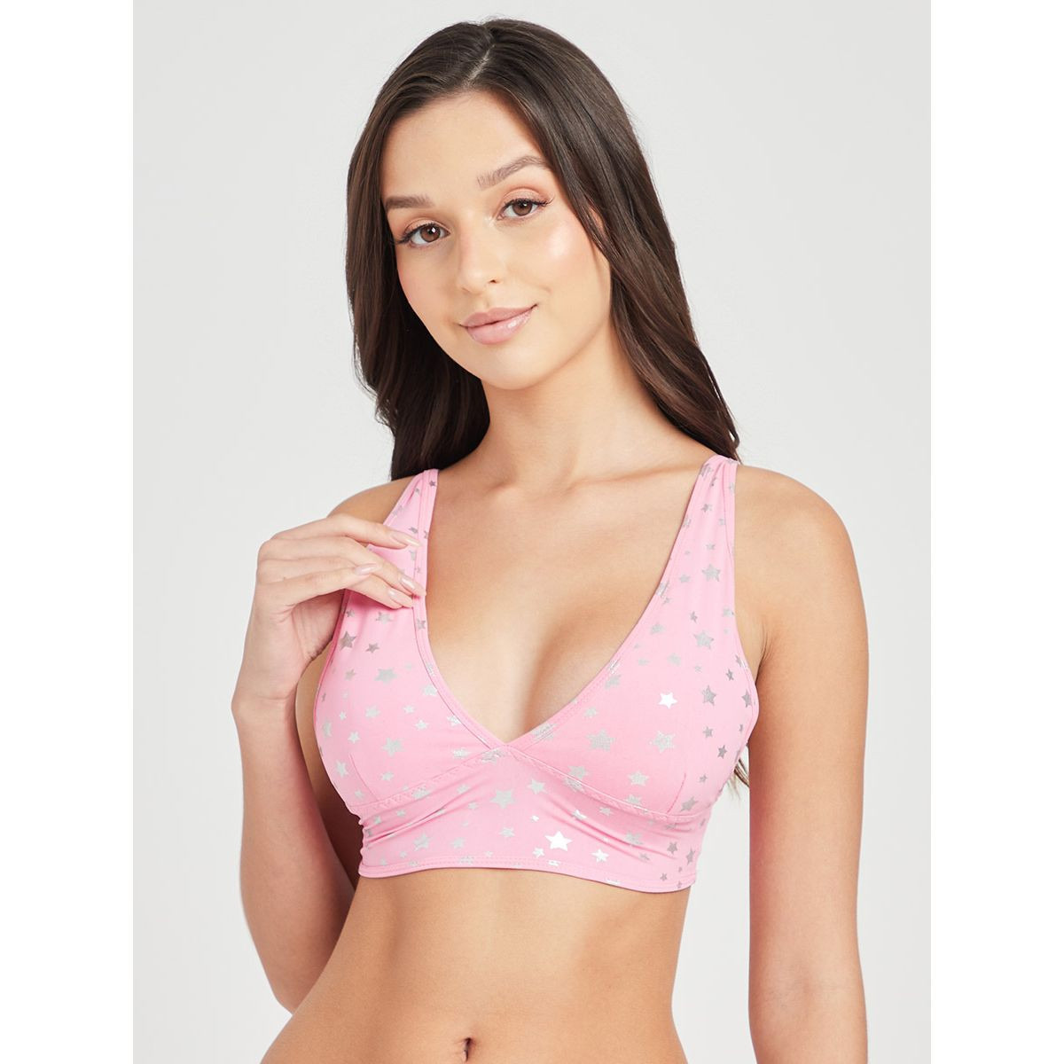Styli Non Padded Non Wired Star Print Longline Slip On Bralette -women-clothing-lingerie-bras-image-1