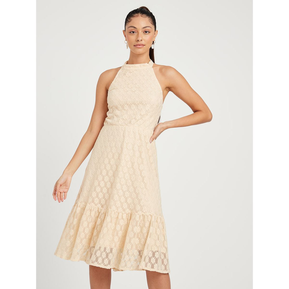 Styli Sleeveless Halter Neck Lace Insert A-Line Midi Dress-women-clothing-dresses-image-1