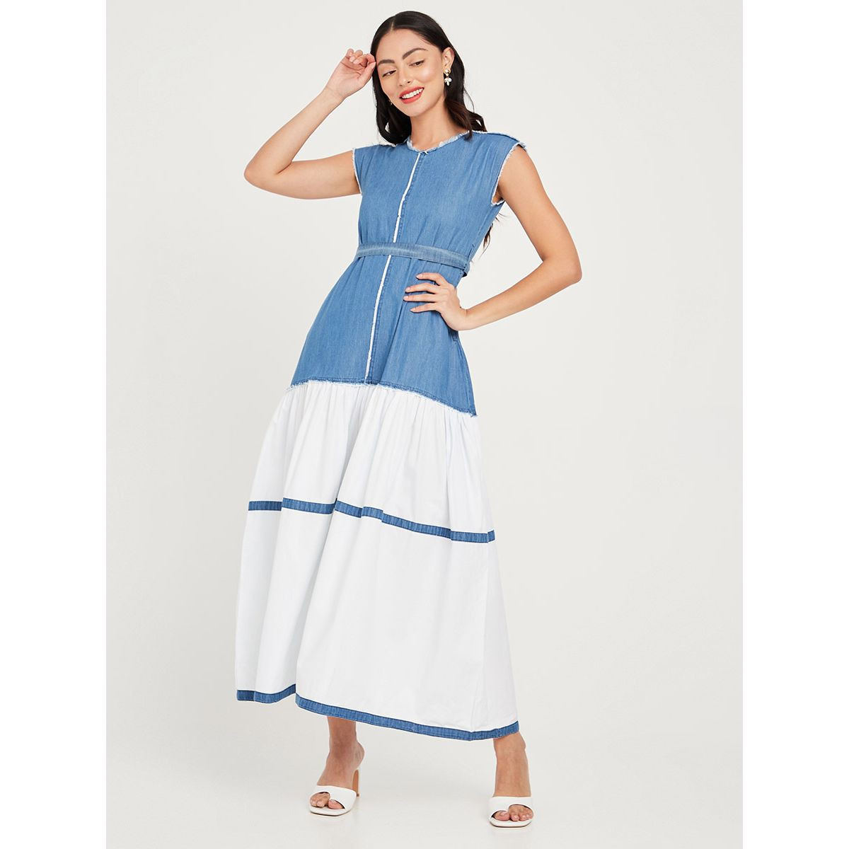 Styli Sleeveless Colorblock Denim Poplin Tiered Maxi Dress with Tie Belt-women-clothing-dresses-image-1