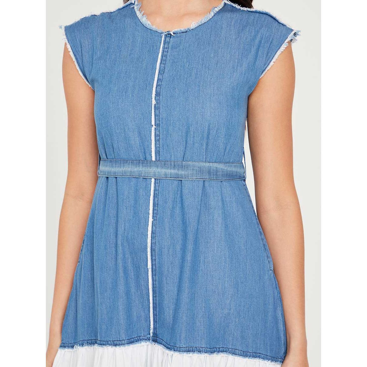 Styli Sleeveless Colorblock Denim Poplin Tiered Maxi Dress with Tie Belt-women-clothing-dresses-image-3