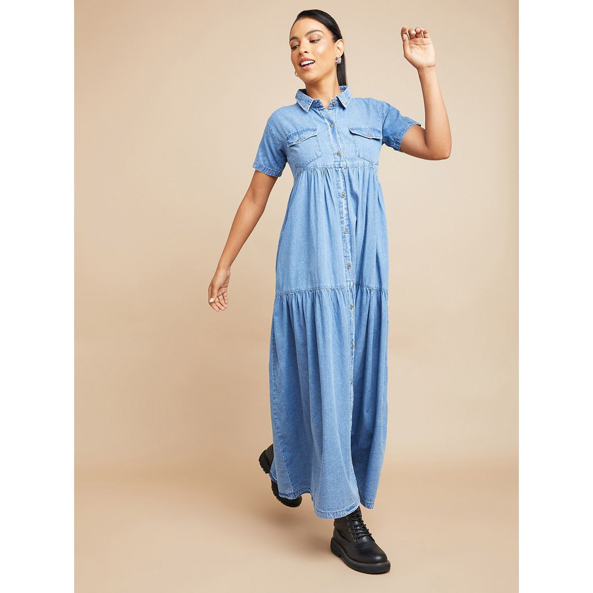 Styli Short Sleeves Pocket Detail Tiered Denim Shirt Maxi Dress-women-clothing-dresses-image-1