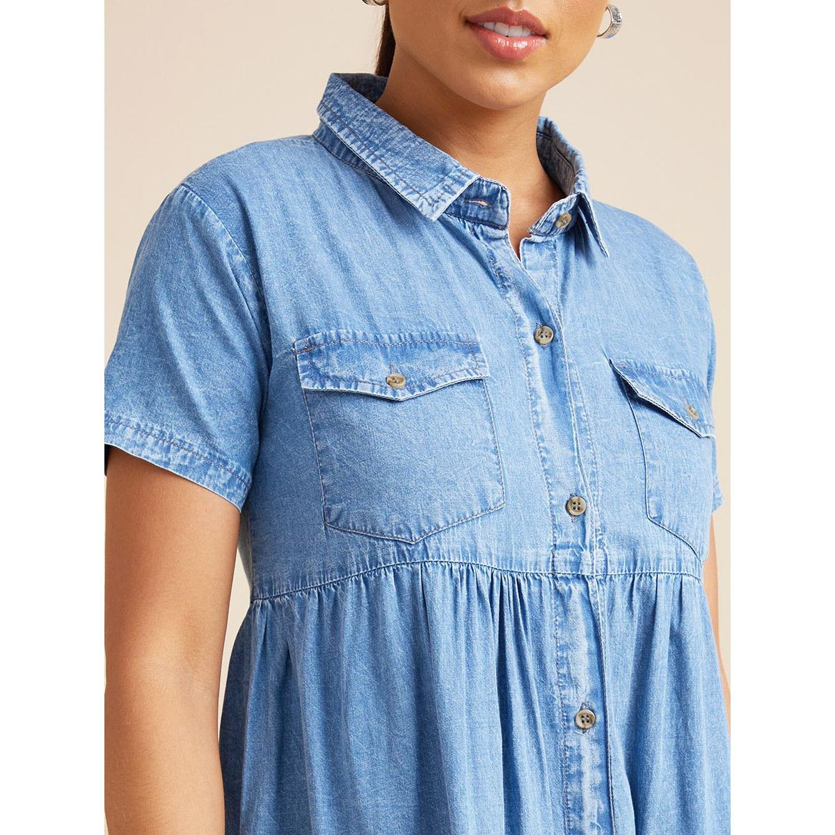 Styli Short Sleeves Pocket Detail Tiered Denim Shirt Maxi Dress-women-clothing-dresses-image-3