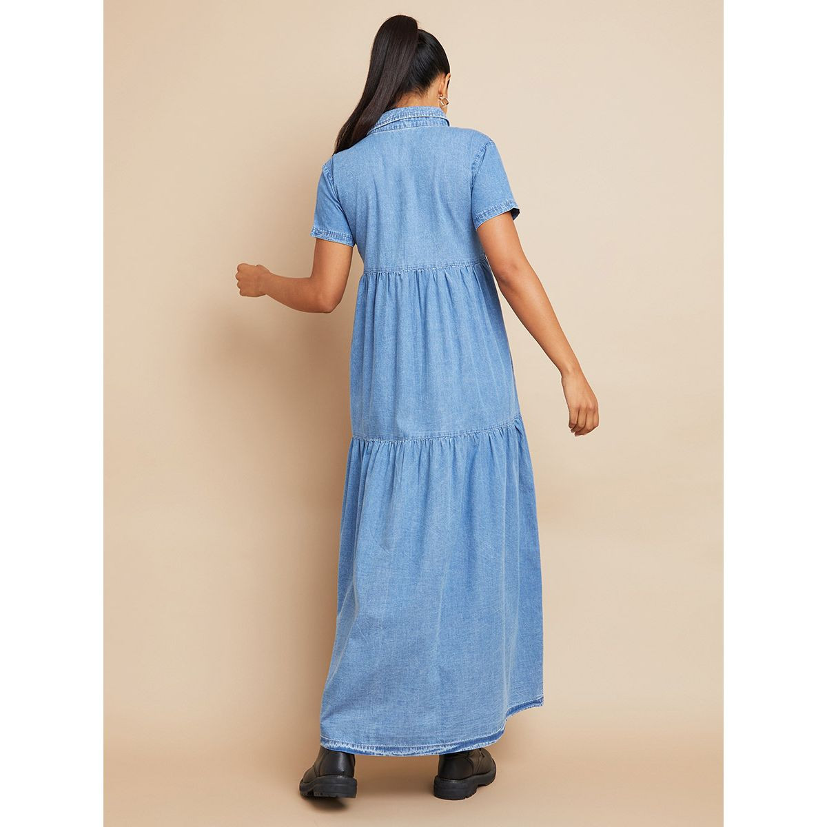 Styli Short Sleeves Pocket Detail Tiered Denim Shirt Maxi Dress-women-clothing-dresses-image-4
