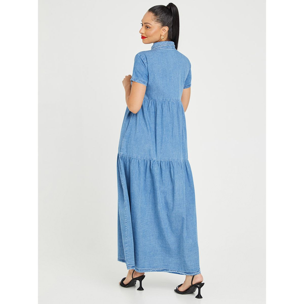 Styli Short Sleeves Pocket Detail Tiered Denim Shirt Maxi Dress-women-clothing-dresses-image-5