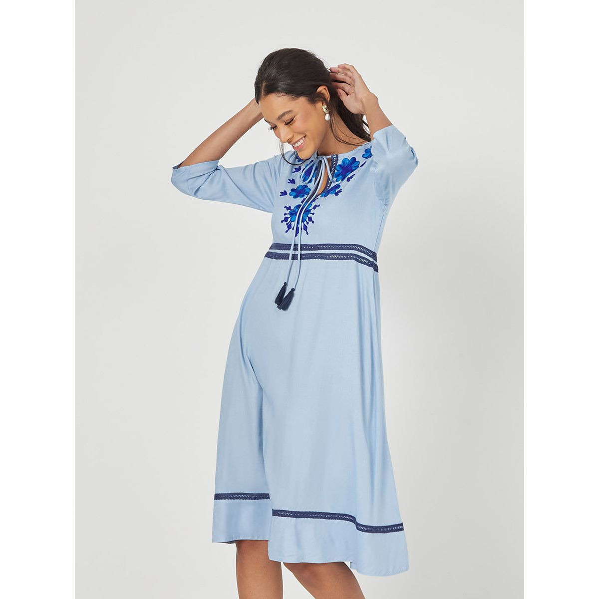 Styli 3/4 Sleeves Embroidered Detail Tie-Up Neck A-Line Midi Dress-women-clothing-dresses-image-1