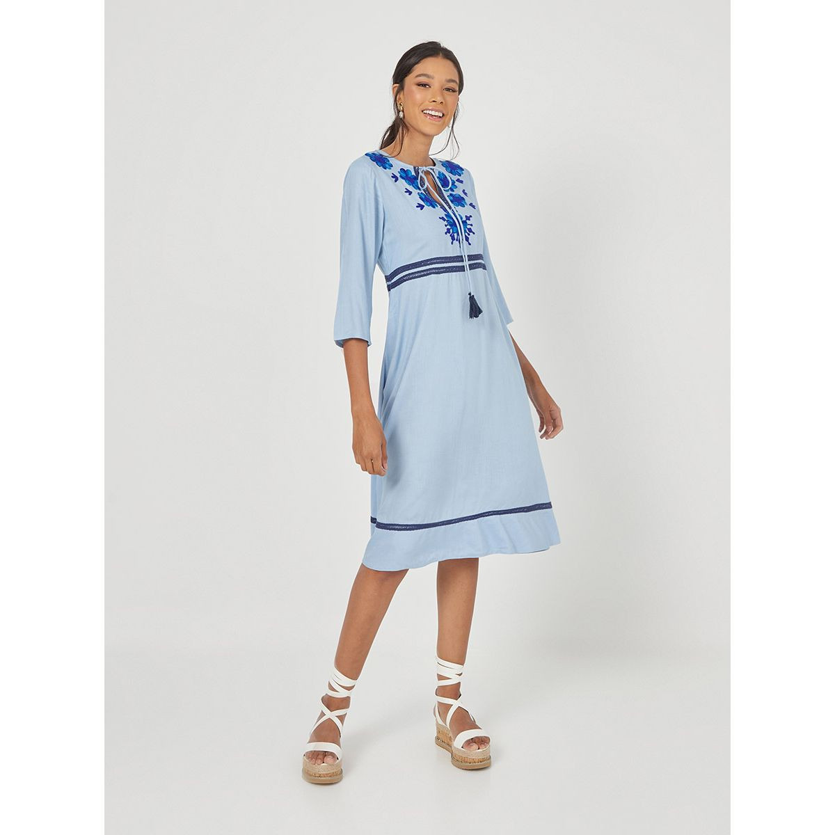 Styli 3/4 Sleeves Embroidered Detail Tie-Up Neck A-Line Midi Dress-women-clothing-dresses-image-2