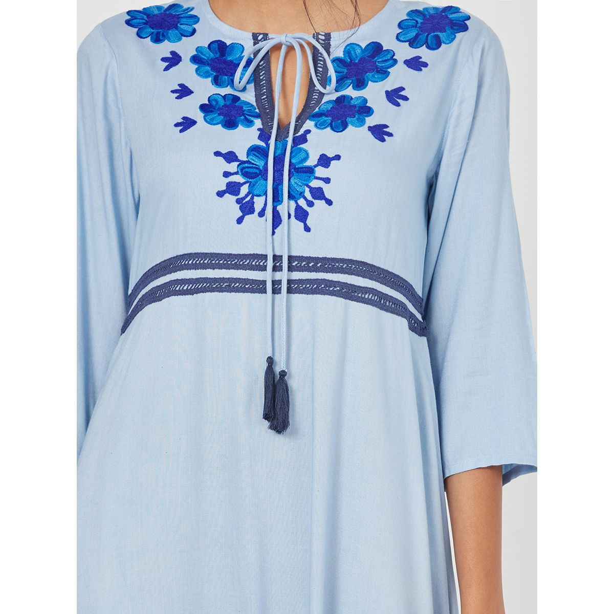 Styli 3/4 Sleeves Embroidered Detail Tie-Up Neck A-Line Midi Dress-women-clothing-dresses-image-3